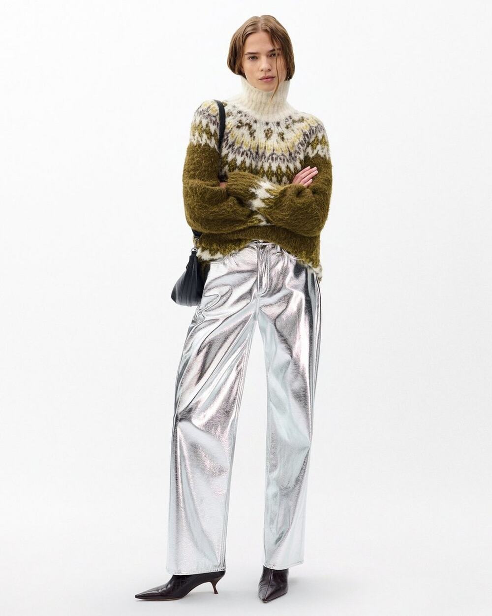 Rag & Bone Logan Faux Leather Wide Leg Jeans in Silver 28